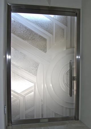 All Glass Front Door with a Frosted Glass Sun Odyssey IX Geometric Design for Semi-Private by Sans Soucie Art Glass