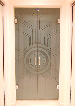 Handcrafted Etched Glass Interior Glass Door by Sans Soucie Art Glass with Custom Geometric Design Called Sun Odyssey VI Creating Semi-Private