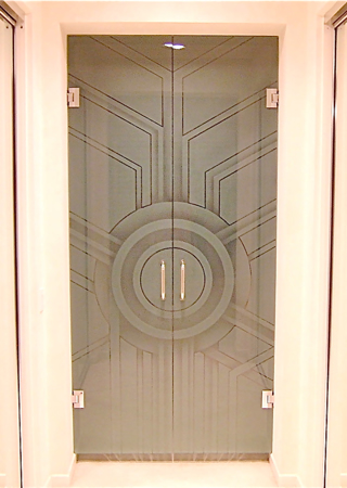 Interior Glass Door featuring Frosted Glass Design Etched Glass by Sans Soucie Art Glass with Custom Geometric Design Sun Odyssey VI