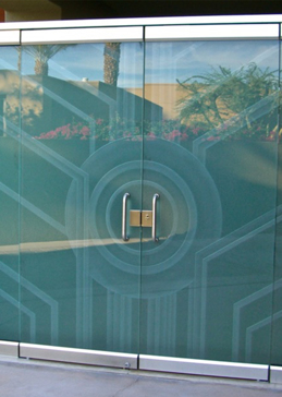 Exterior Glass Door with a Frosted Glass Sun Odyssey XI Geometric Design for Private by Sans Soucie Art Glass