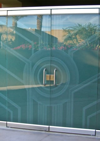 All Glass Front Door with a Frosted Glass Sun Odyssey XI Geometric Design for Semi-Private by Sans Soucie Art Glass
