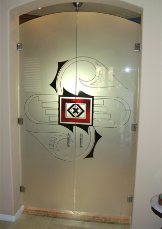 Interior Glass Door with a sandblast Frosted Glass Abstract Design Custom-Designed Decorative Etched Glass
