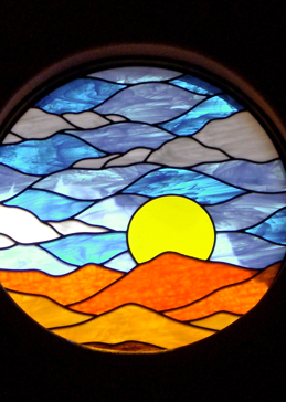 Window with a Frosted Glass Sunrise  Landscapes Design for Semi-Private by Sans Soucie Art Glass