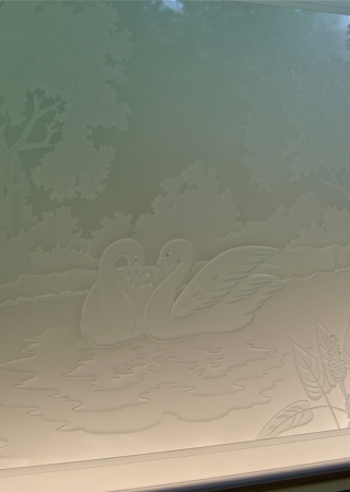 Window with a Frosted Glass Wading Swans Wildlife Design for Private by Sans Soucie Art Glass