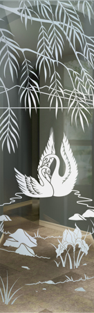 Door Glass Insert featuring a Frosted Glass Wildlife Design Sandblast Etched Glass Swan Song Design by Sans Soucie