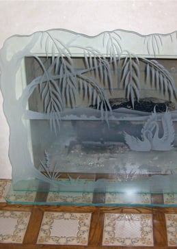 Handmade Sandblasted Frosted Glass Fireplace Screen for Semi-Private Featuring a Wildlife Design Swan Song by Sans Soucie