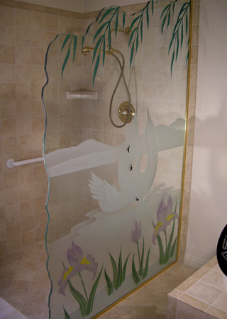 Shower Partition featuring a Frosted Glass Wildlife Design Sandblast Etched Glass Swan Song Design by Sans Soucie