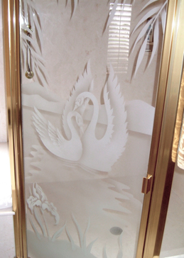 Handmade Sandblasted Frosted Glass Shower Door for Semi-Private Featuring a Wildlife Design Swan Song by Sans Soucie