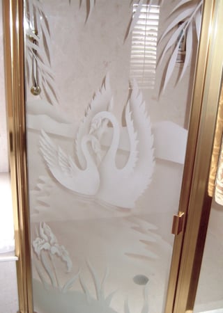 Shower Door featuring a Frosted Glass Wildlife Design Sandblast Etched Glass Swan Song Design by Sans Soucie