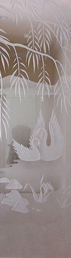 Handmade Sandblasted Frosted Glass Interior Insert for Semi-Private Featuring a Wildlife Design Swan Song by Sans Soucie