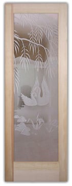Handmade Sandblasted Frosted Glass Interior Door for Semi-Private Featuring a Wildlife Design Swan Song by Sans Soucie