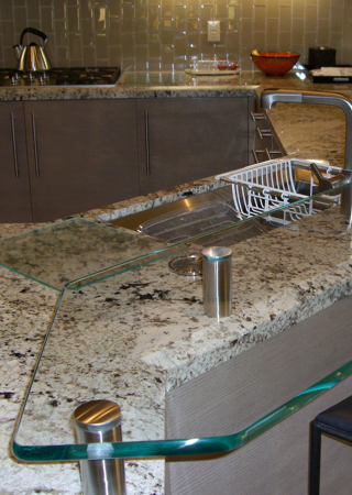 Glass Counter featuring Frosted Glass Design Etched Glass by Sans Soucie Art Glass with Custom Plain Clear Glass Design Plain Glass Pencil Polish Edge