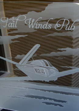 Handcrafted Etched Glass Glass Sign by Sans Soucie Art Glass with Custom Landscapes Design Called Tail Winds Creating Semi-Private