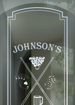 Art Glass Theme Room Insert Featuring Sandblast Frosted Glass by Sans Soucie for Not Private with Game Room Tavern Design