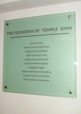 Handcrafted Etched Glass Glass Sign by Sans Soucie Art Glass with Custom Logos Design Called Temple Sinai (similar look) Creating Not Private