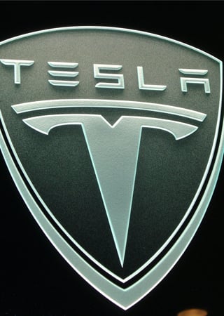 Glass Sign featuring Frosted Glass Design Etched Glass by Sans Soucie Art Glass with Custom Logos Design Tesla (similar look)