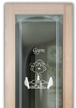 Not Private Bathroom Door with Sandblast Etched Glass Art by Sans Soucie Featuring Dumb Bell Whimsical Design