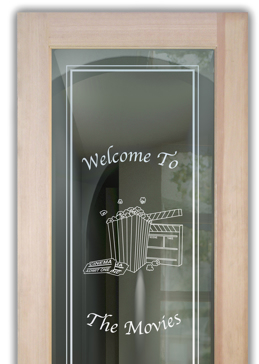 Art Glass Bathroom Door Featuring Sandblast Frosted Glass by Sans Soucie for Not Private with Whimsical Movie & Popcorn Design