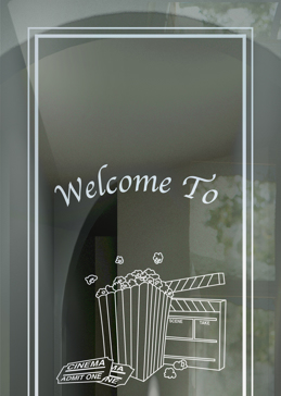 Art Glass Theme Room Insert Featuring Sandblast Frosted Glass by Sans Soucie for Not Private with Whimsical Movie & Popcorn Design