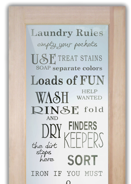 Art Glass Theme Room Door Featuring Sandblast Frosted Glass by Sans Soucie for Semi-Private with Sayings Laundry Rules Design