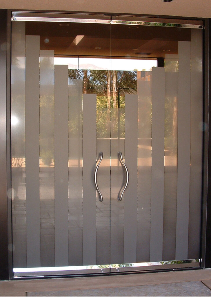 Frosted glass interior doors showcasing soft bronze frosted glass with vertical decorative pattern and elegant handles