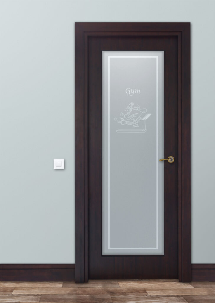 Frosted glass bathroom door with etched border and fitness-themed design for private home or commercial spaces.