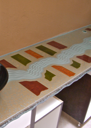 Glass Counter with a sandblast Frosted Glass Abstract Design Custom-Designed Decorative Etched Glass