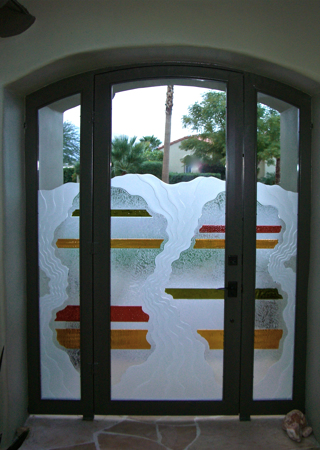 Gate Glass Insert with a sandblast Frosted Glass Abstract Design Custom-Designed Decorative Etched Glass