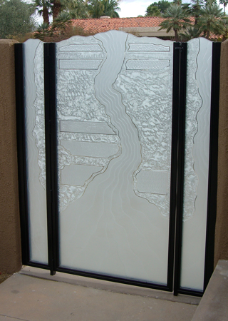 Gate Glass Insert with a sandblast Frosted Glass Abstract Design Custom-Designed Decorative Etched Glass