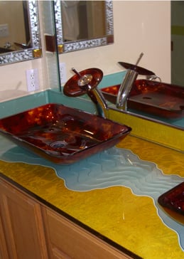 Custom-Designed Decorative Glass Counter with Sandblast Etched Glass by Sans Soucie Art Glass Handcrafted by Glass Artists
