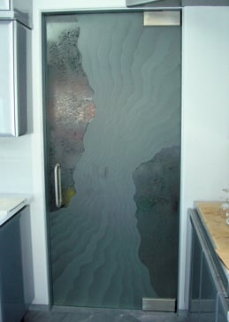 Art Glass Frameless Glass Door Interior Featuring Sandblast Frosted Glass by Sans Soucie for Semi-Private with Abstract Triptic Wave Design