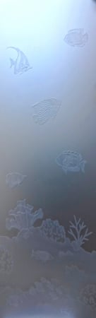 Door Glass Insert showcasing a Frosted Glass Oceanic Design with Sandblast Etched Glass Art by Sans Soucie Tropical Fish Design