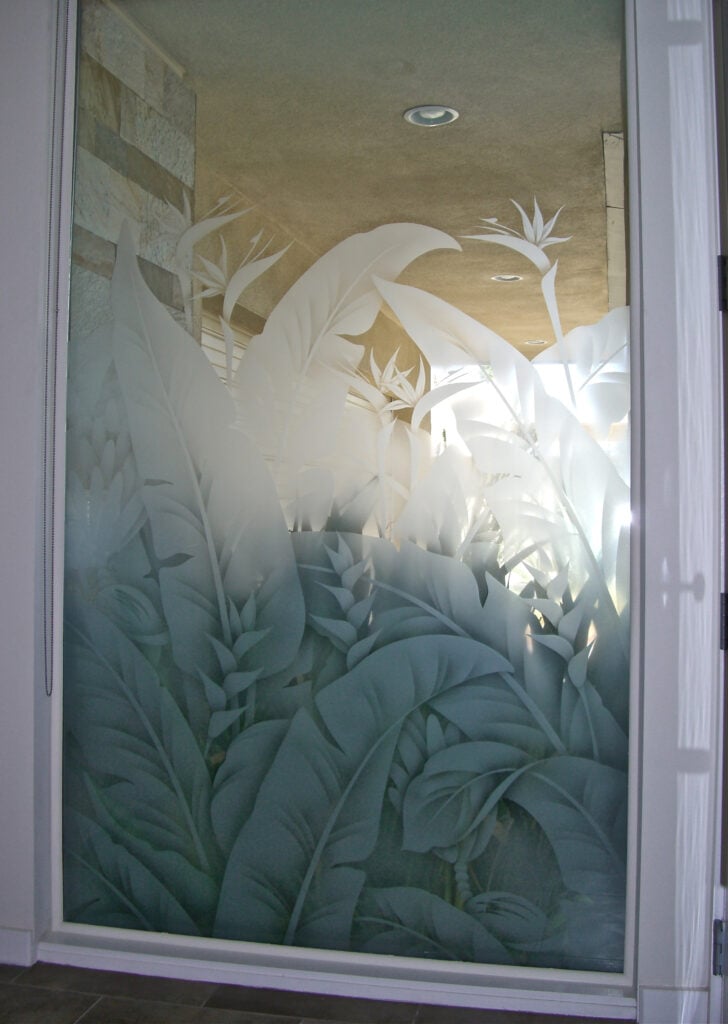 tropical leaves bird of paradise frosted glass entry window  sans soucie
