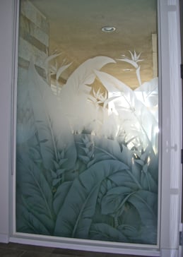 Window with a Frosted Glass Tropical Leaves Bird of Paradise Tropical Design for Semi-Private by Sans Soucie Art Glass