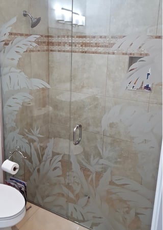 Shower Enclosure with a sandblast Frosted Glass Tropical Design Custom-Designed Decorative Etched Glass