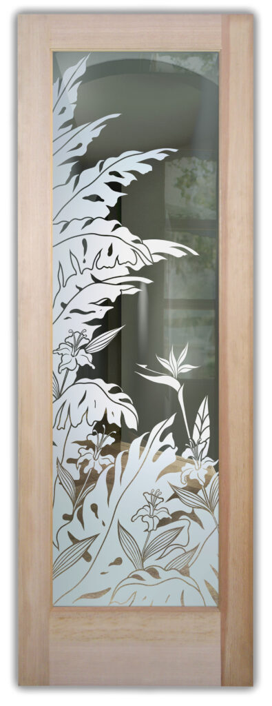 Etched glass interior door with tropical leaf and floral design on clear glass, offering a light, airy coastal look with partial privacy