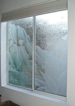 Art Glass Window Featuring Sandblast Frosted Glass by Sans Soucie for Semi-Private with Tropical Tropical Waterfall Design