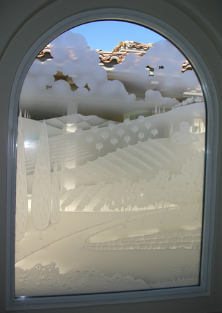 Window showcasing a Frosted Glass Landscapes Design with Sandblast Etched Glass Art by Sans Soucie Tuscany Landscape Design