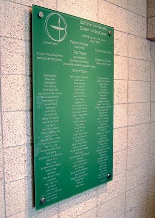 Glass Sign with a Frosted Glass Unitarian (similar look) Logos Design for Private by Sans Soucie Art Glass