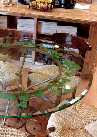 Glass Dining Table with a sandblast Frosted Glass Grapes & Ivy Design Custom-Designed Decorative Etched Glass