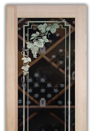 Wine Cellar Door featuring Frosted Glass Design Etched Glass by Sans Soucie Art Glass with Custom Grapes & Ivy Design Vineyard Grapes Cascade
