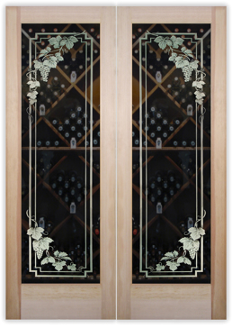Handmade Sandblasted Frosted Glass Wine Door for Not Private Featuring a Grapes & Ivy Design Vineyard Grapes Cascade Pair by Sans Soucie
