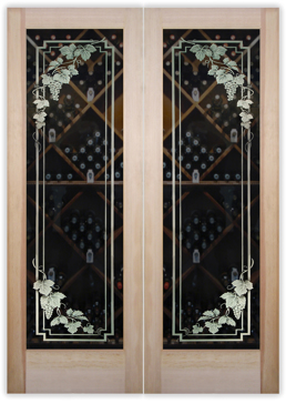 Handmade Sandblasted Frosted Glass Wine Door for Not Private Featuring a Grapes & Ivy Design Vineyard Grapes Cascade Pair by Sans Soucie