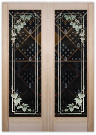 Wine Cellar Door featuring a Frosted Glass Grapes & Ivy Design Sandblast Etched Glass Vineyard Grapes Cascade Pair Design by Sans Soucie