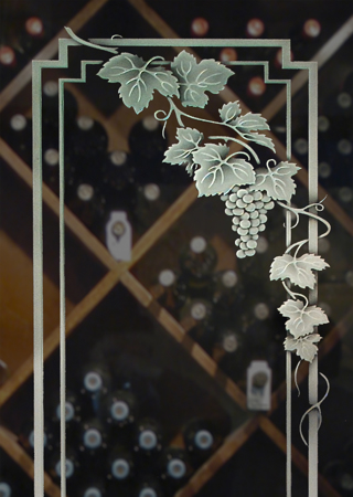 Wine Insert featuring a Frosted Glass Grapes & Ivy Design Sandblast Etched Glass Vineyard Grapes Cascade Pair Design by Sans Soucie