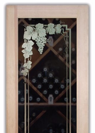 Wine Cellar Door featuring a Frosted Glass Grapes & Ivy Design Sandblast Etched Glass Vineyard Grapes Garland Design by Sans Soucie