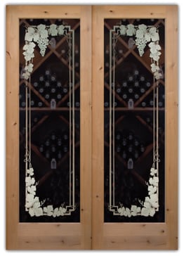 Art Glass Wine Door Featuring Sandblast Frosted Glass by Sans Soucie for Not Private with Grapes & Ivy Vineyard Grapes Garland II Pair Design