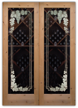 Art Glass Wine Door Featuring Sandblast Frosted Glass by Sans Soucie for Not Private with Grapes & Ivy Vineyard Grapes Garland II Pair Design