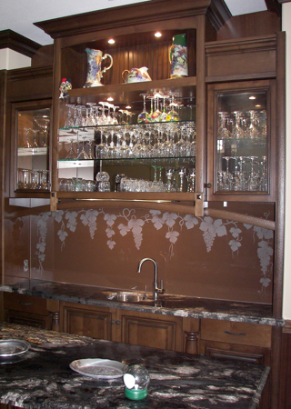 Glass Backsplash with a sandblast Frosted Glass Grapes & Ivy Design Custom-Designed Decorative Etched Glass