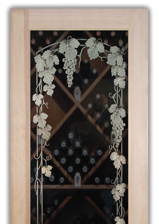 Wine Cellar Door with a sandblast Frosted Glass Grapes & Ivy Design Custom-Designed Decorative Etched Glass
